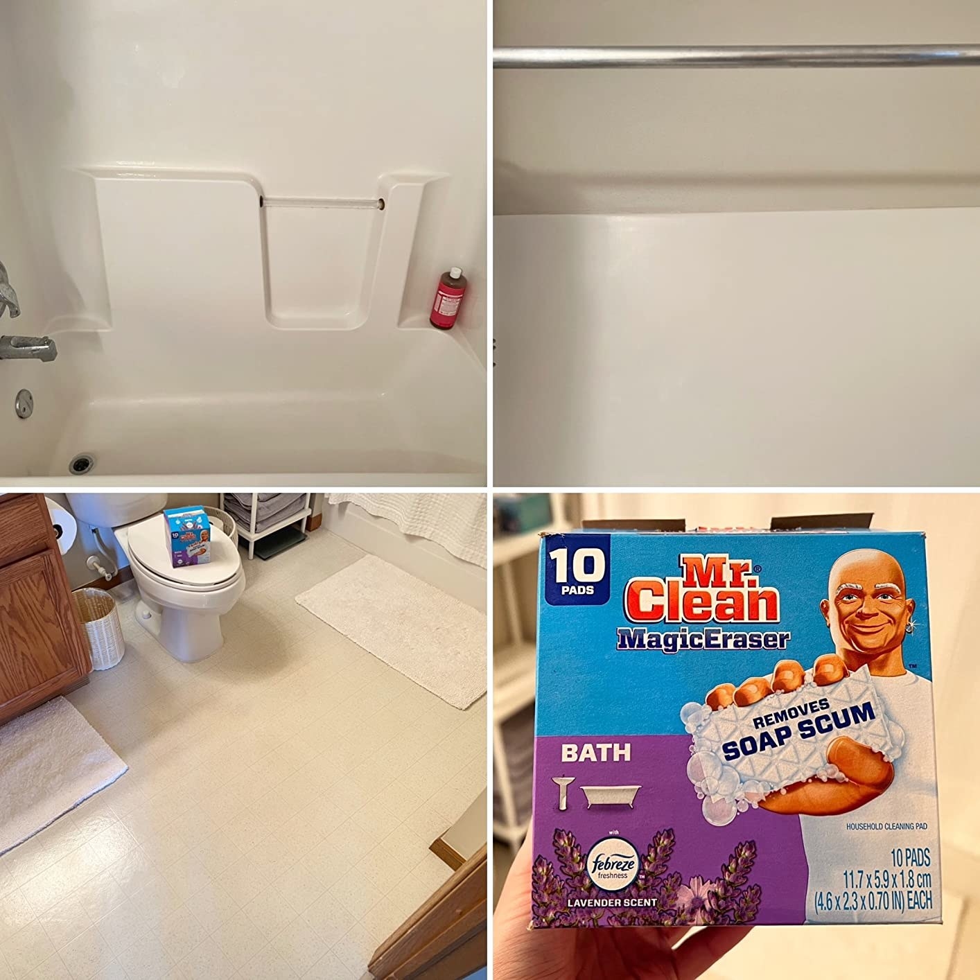 several shots of a reviewer&#x27;s very clean-looking bathroom after an hour of scrubbing it down with mr clean magic eraser