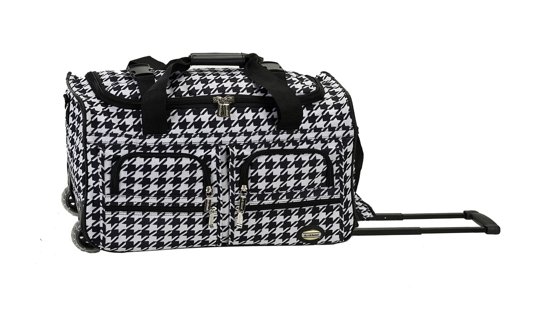 An image of a hounds tooth rolling duffle bag