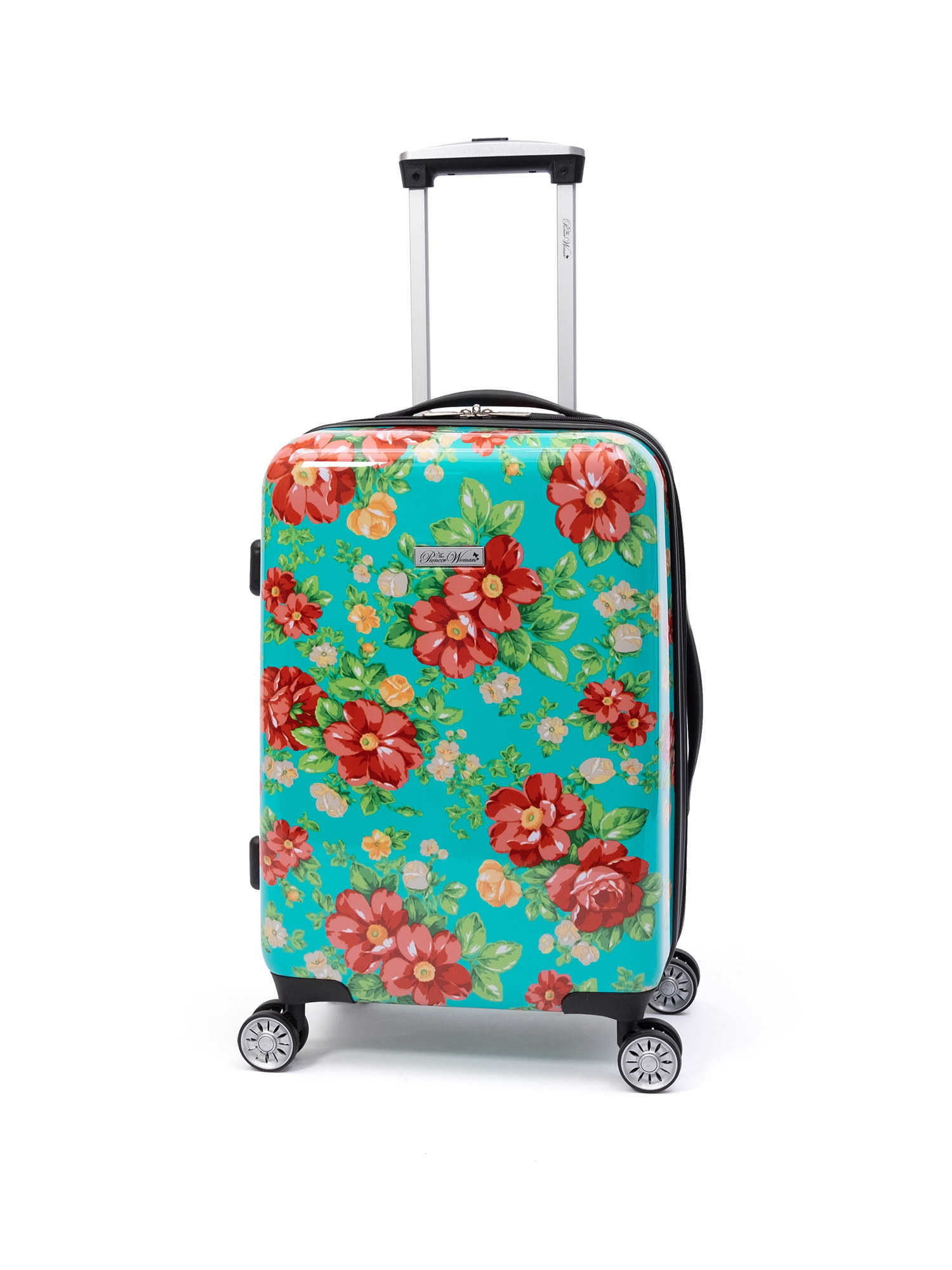 An image of a floral carry-on suitcase with four double wheels, soft touch carry handles, adjustable tie straps, and more