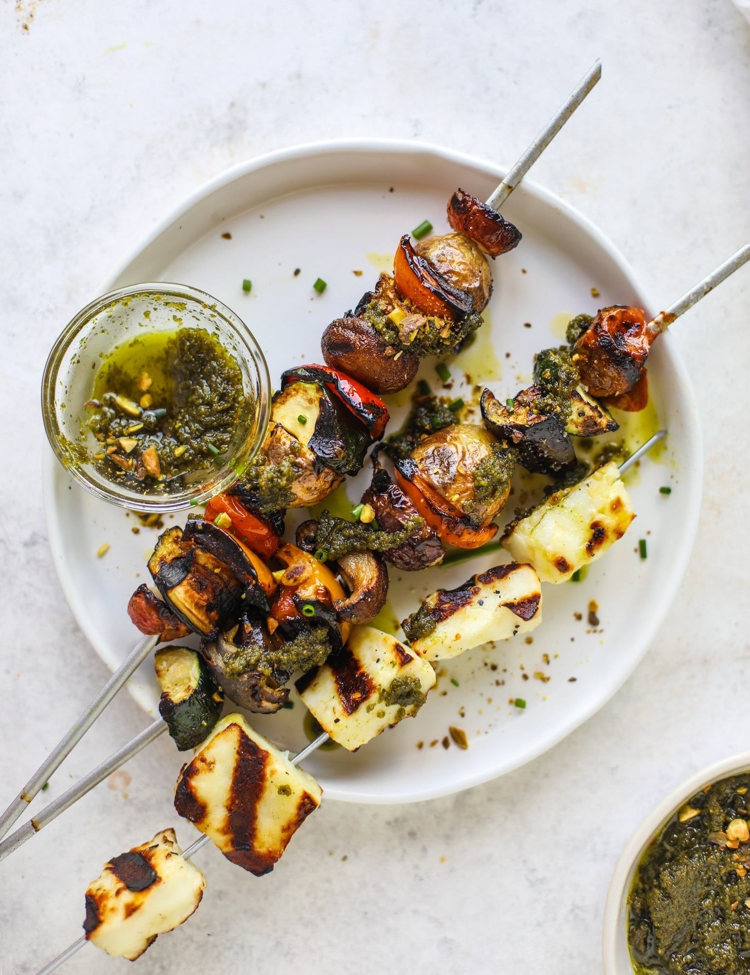 Grilled vegetable and halloumi skewers.