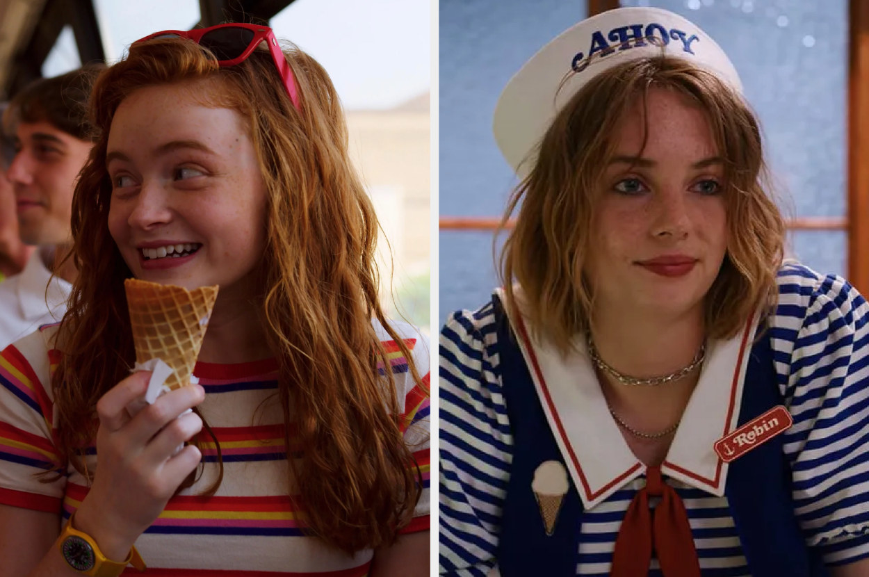 Sadie eating an ice cream cone, and Maya in a sailor uniform with the name tag &quot;Robin&quot; and an &quot;Ahoy&quot; hat