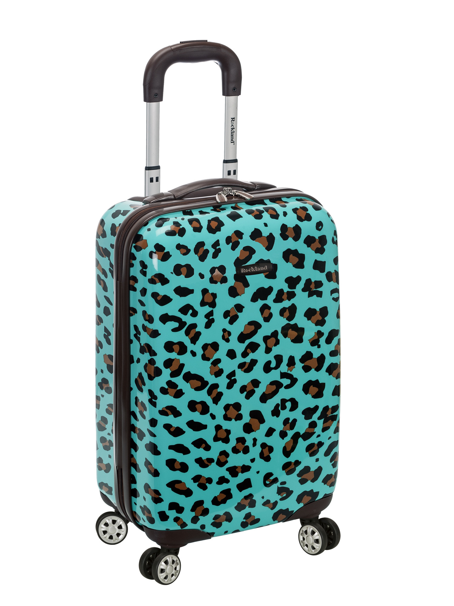 An image of a hard-sided spinner suitcase with a blue leopard print