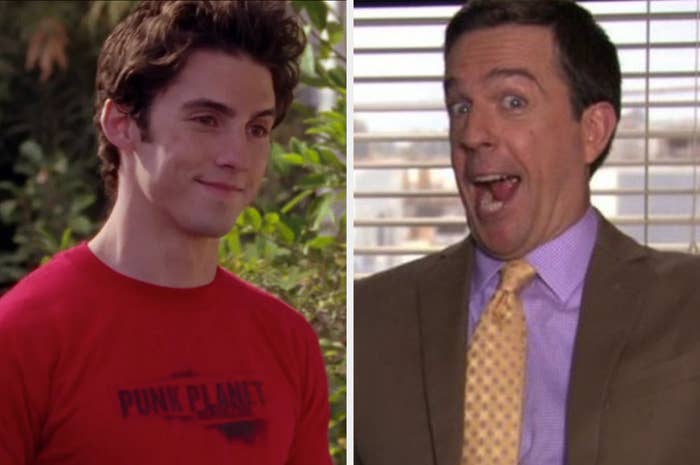 Jess Mariano from Gilmore Girls smiling and Andy Bernard from The Office