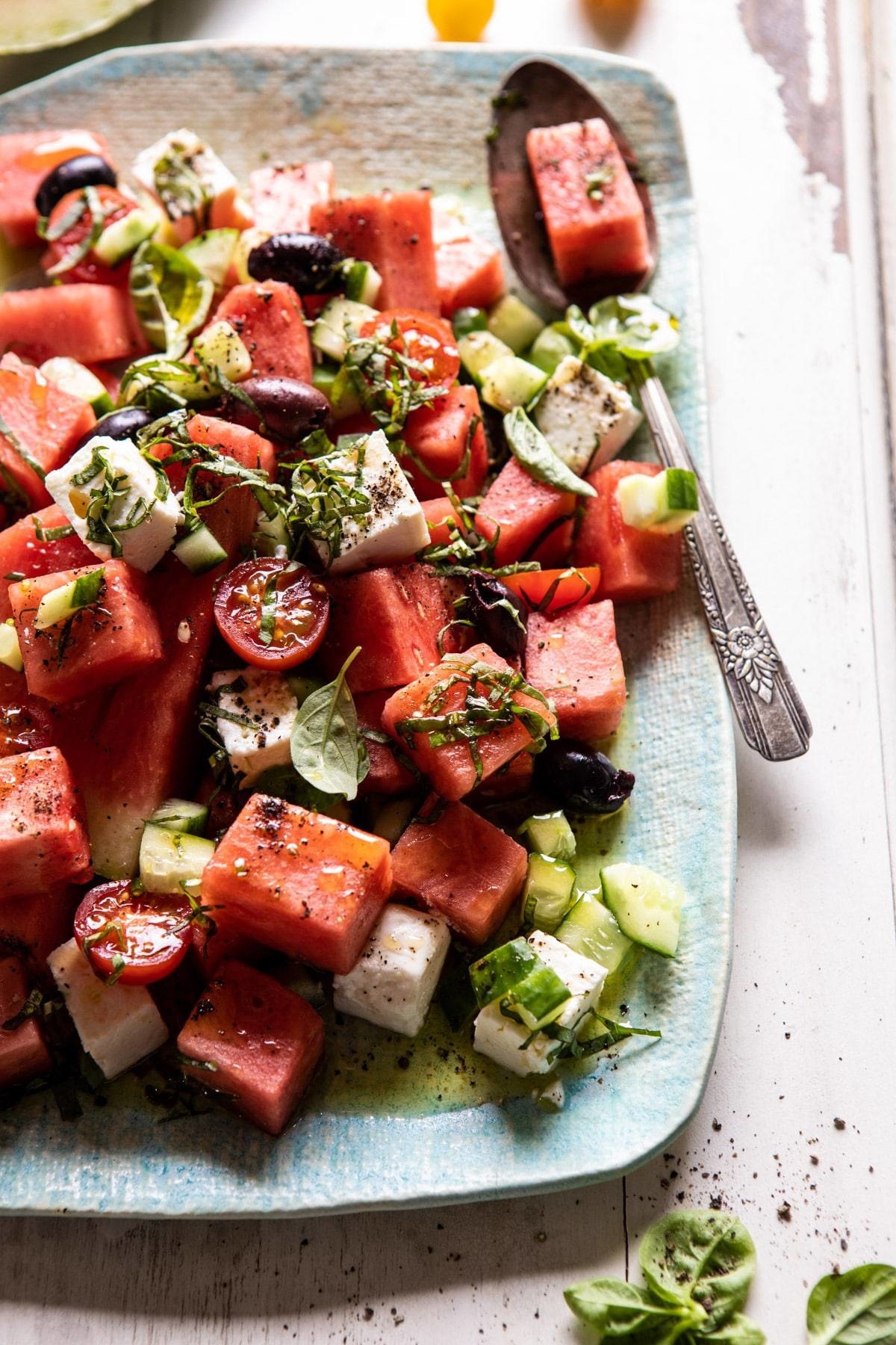 Watermelon and cucumber salad with chunks of feta.