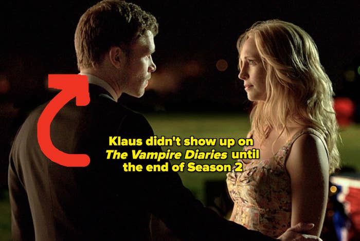 Arrow pointing to Klaus with the text "Klaus didn't show up on The Vampire Diaries until the end of Season 2"
