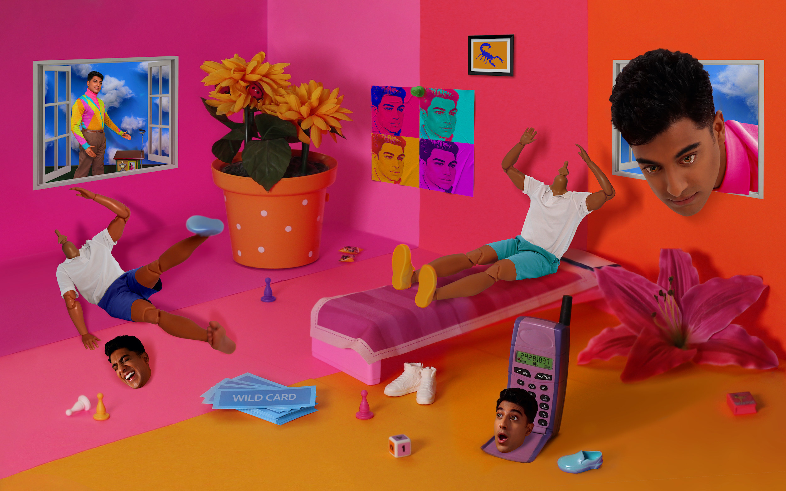a bedroom scene with a Ritesh&#x27;s head coming in through the window, and different body parts