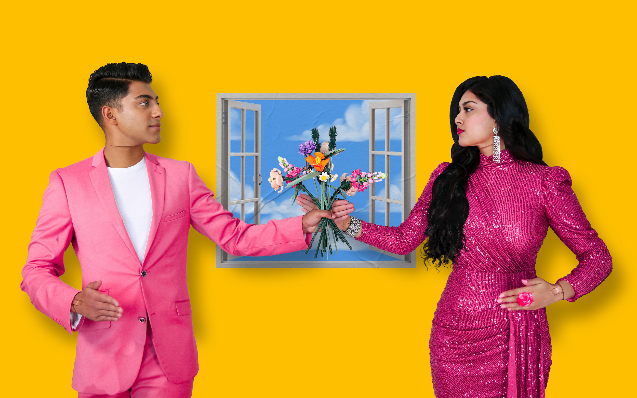 artwork of Ritesh and Tanya holding flowers in the center of an open window