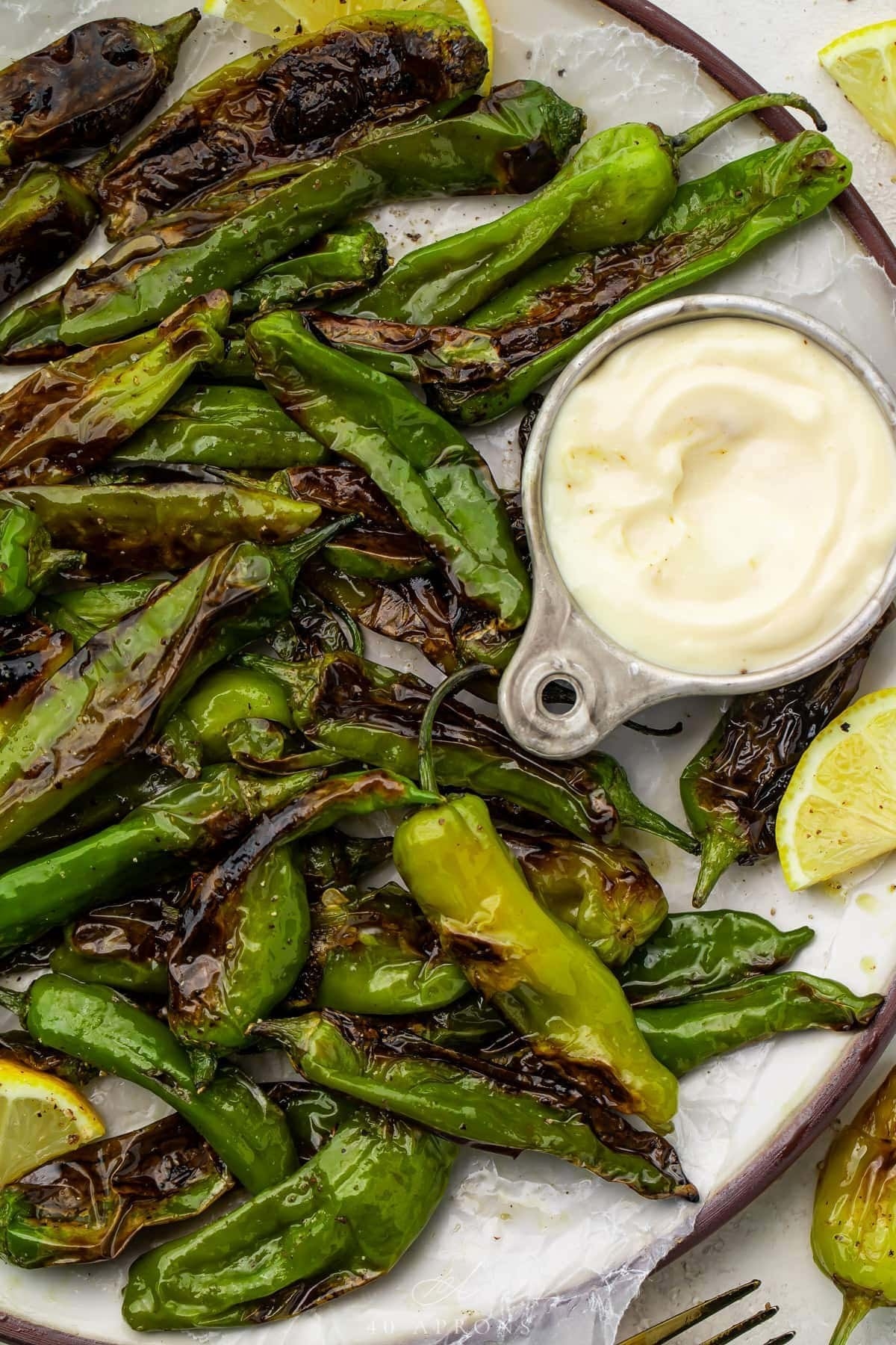 Blistered shishito peppers with aioli dipping sauce.