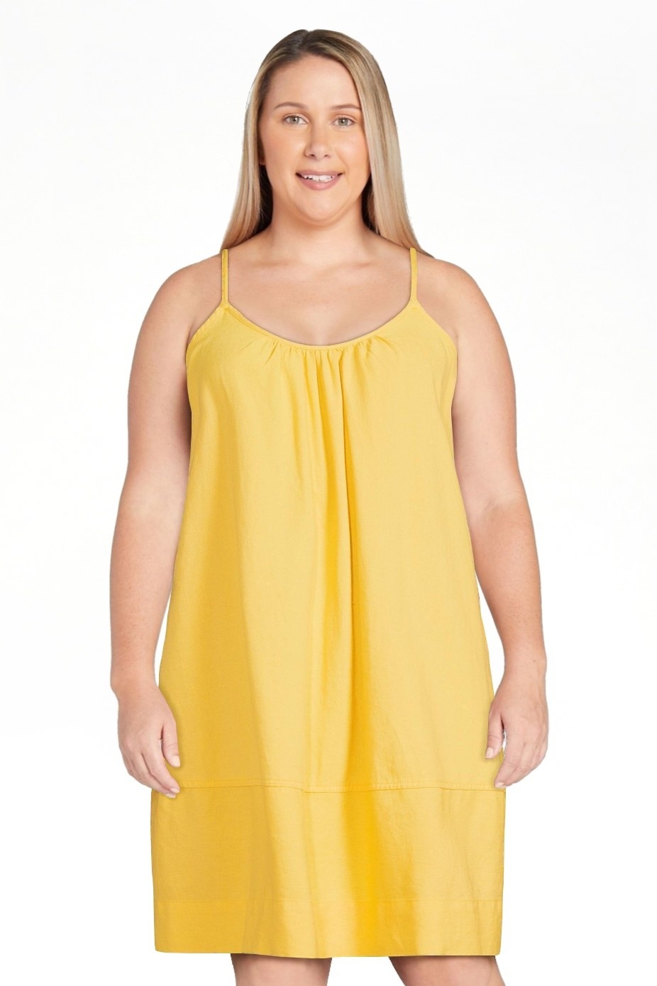 Model wearing the dress in yellow