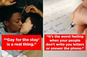Two female inmates kissing, and someone writing a letter