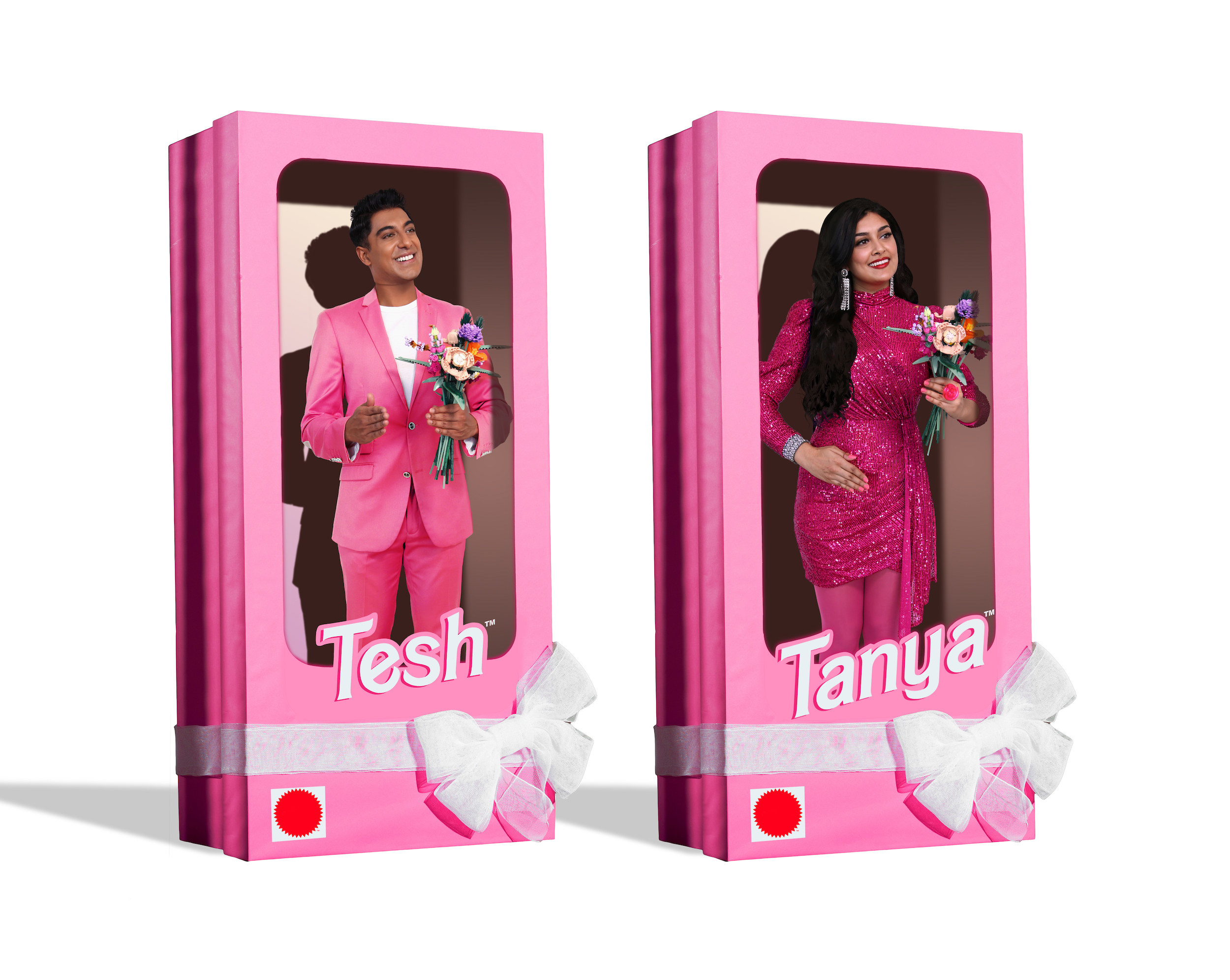 Ritesh and Tanya as dolls in their boxes