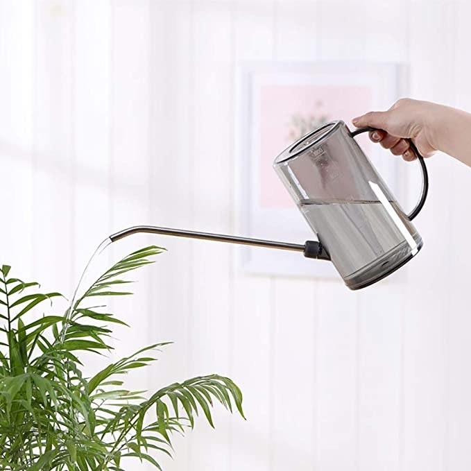 A person using the watering can to water a plant in their home