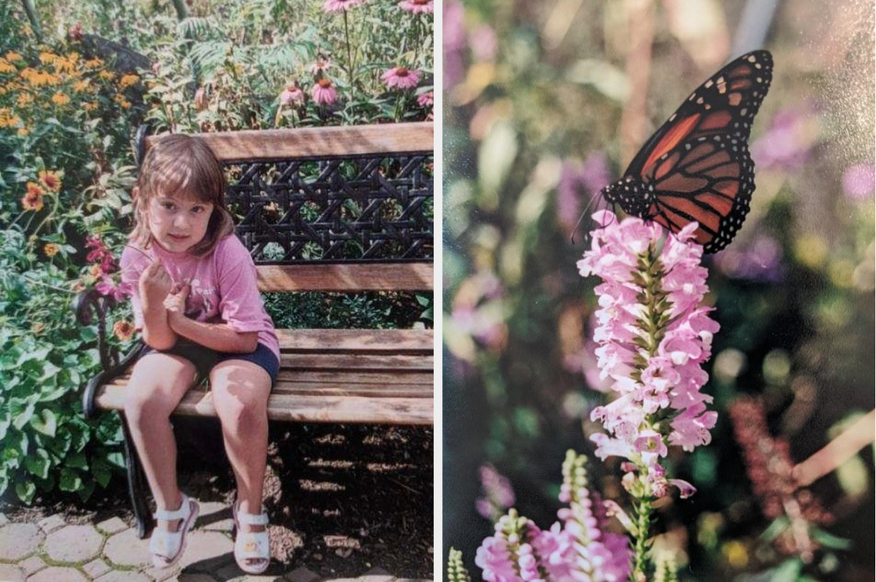 The author as a child sitting on a bench; a butterfly