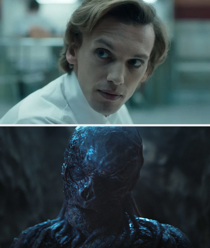 Jamie Campbell Bower in a white suit; as a creature
