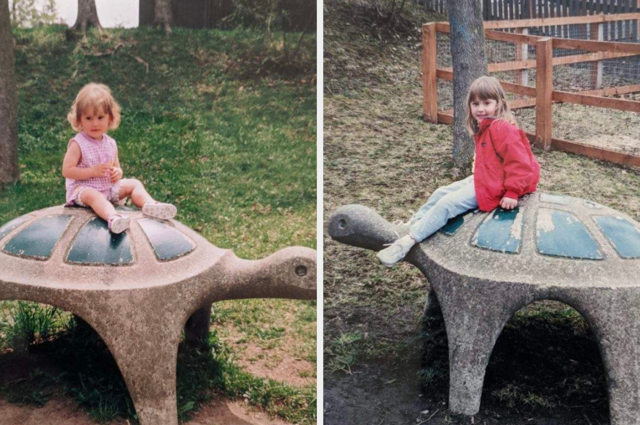 The author at different stages of childhood on a stone turtle