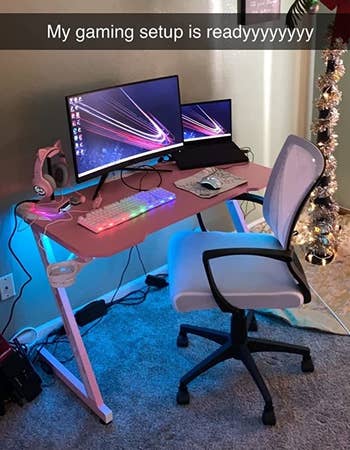 a reviewer's photo of the pink gaming desk