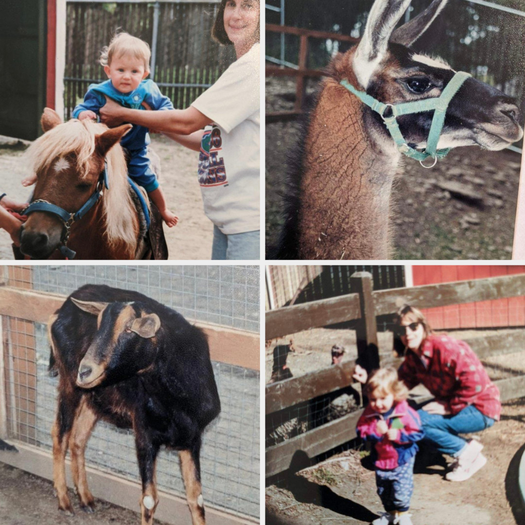 The author on a horse; a llama; a goat; the author as a child near the goats