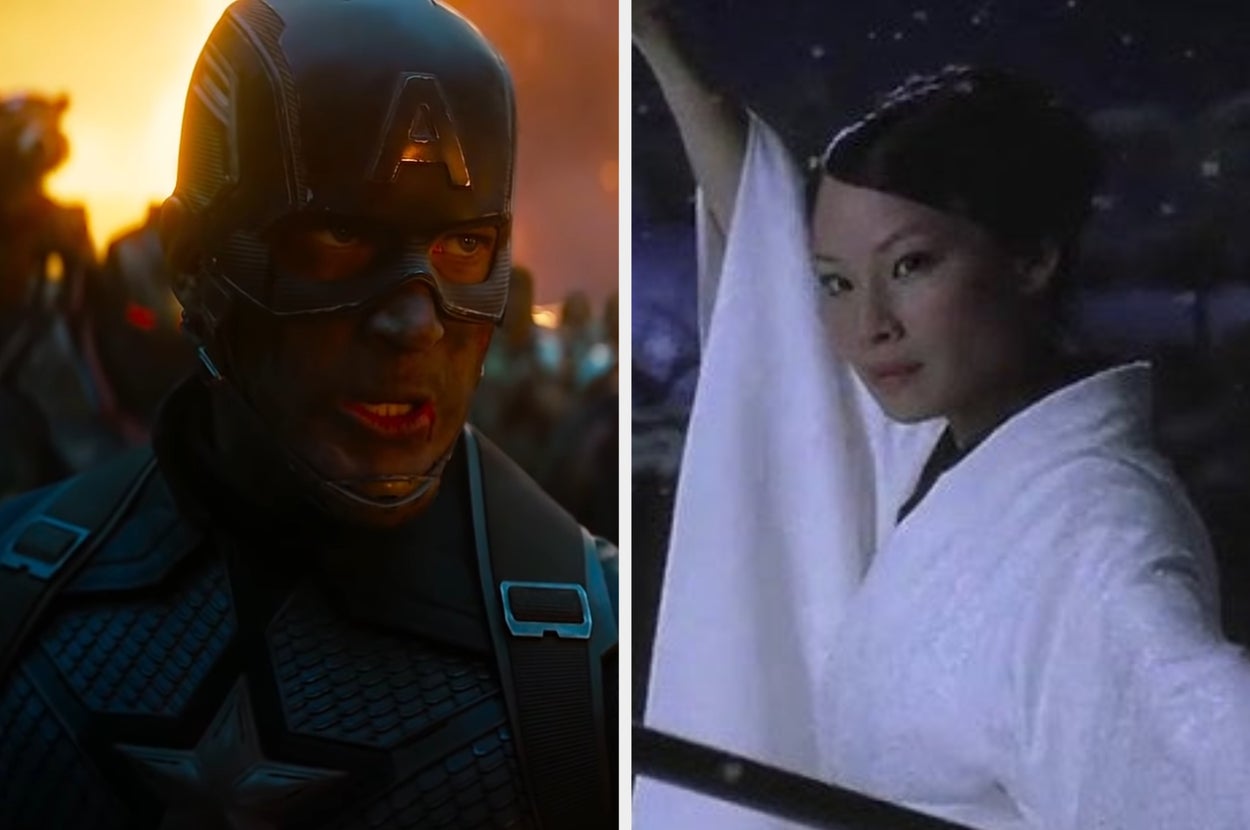 Captain America in front of the Avengers' army in "Avengers: Endgame"/O-Ren wielding her sword and sheathe in "Kill Bill Vol.1"