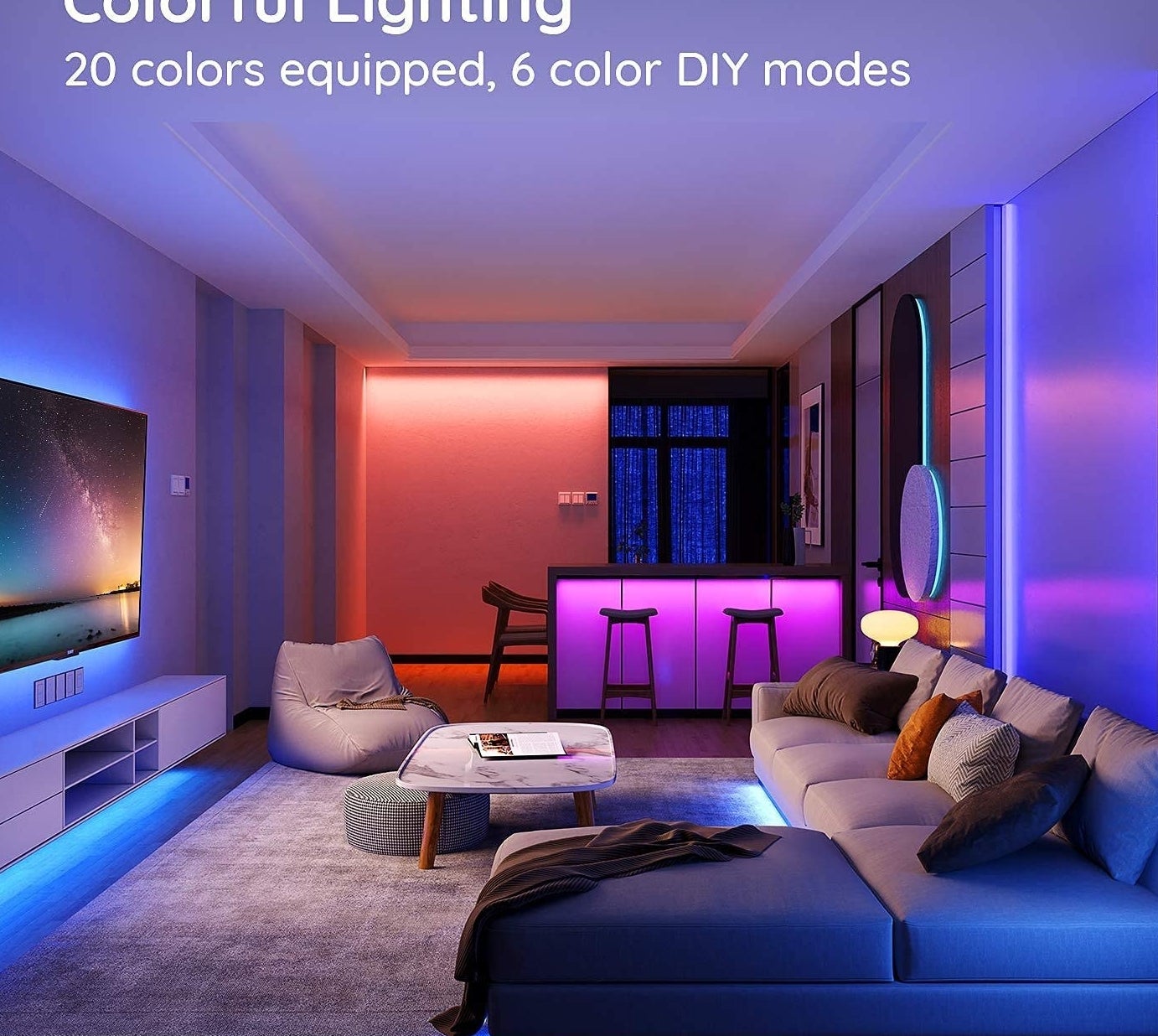 LED lights lighting up a living room