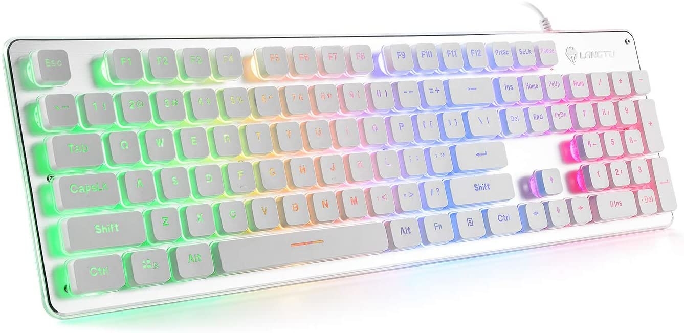 A rainbow LED keyboard on a white background