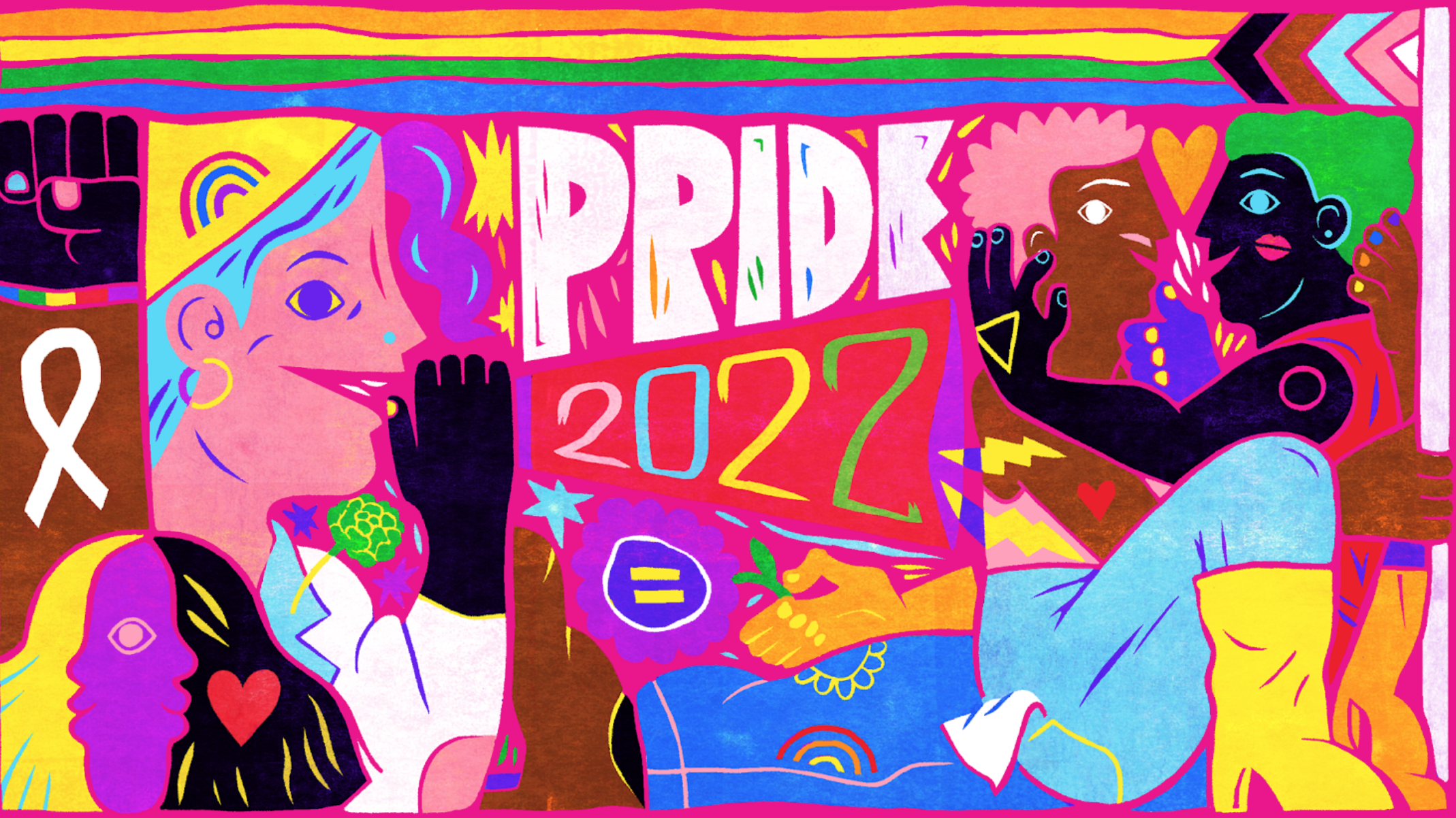 A colorful image showing the many faces of LGBTQ+ pride