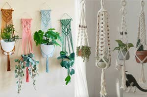 Two images of macrame plant hangers