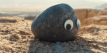 A rock with googly eyes turns around slowly