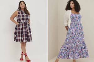 on left, model in sleeveless plaid collared shirt dress and red wedges. on right, model wears floral tiered maxi dress with a cropped sheer white cardigan