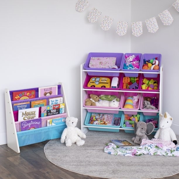An image of a multicolor toy organizer with 12 storage bins