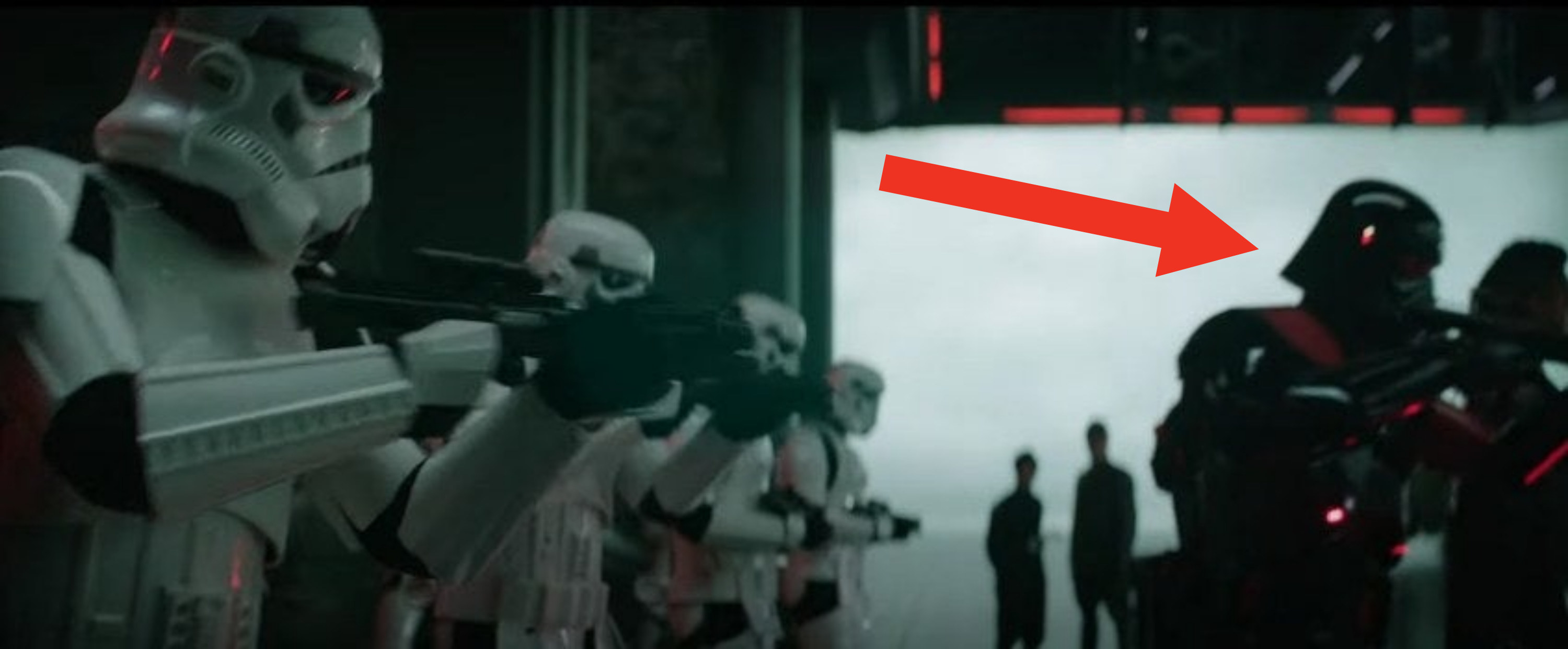 A black and red stormtrooper takes aim
