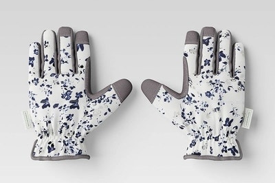 the white and grey gloves with blue floral design
