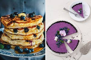 On the left is a stack of blueberry pancakes and on the right is a blueberry pie with a slice taken out