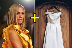jennifer lopez on the left and a wedding dress on the right