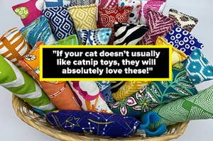 a basket full of catnip kickers with text that reads " If your cat doesn’t usually like catnip toys they will absolutely love these"