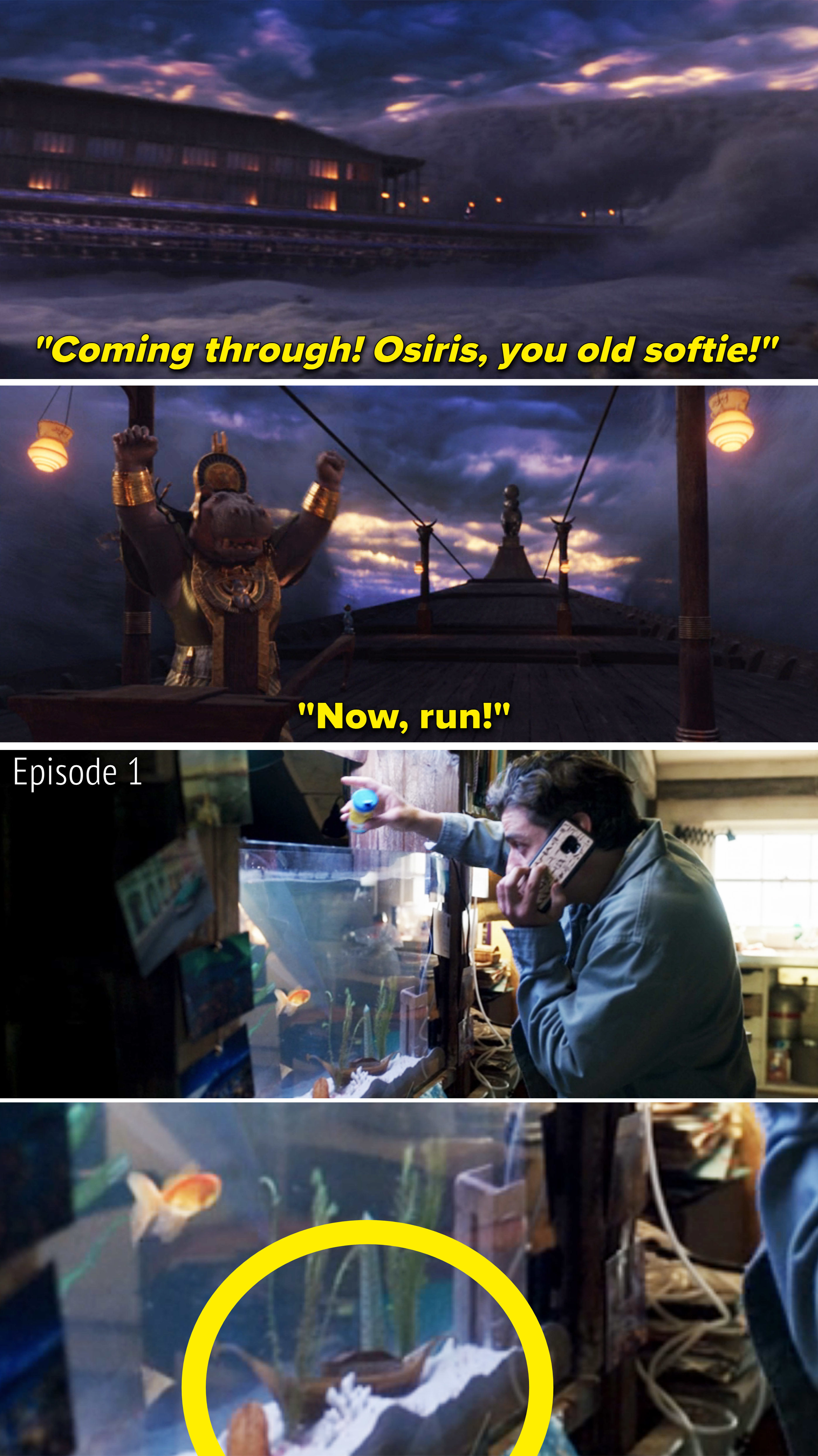 Images from the finale and Episode 1, with the boat in Gus&#x27;s fish tank circled