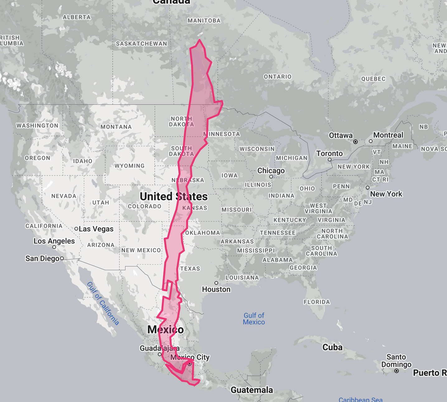 the size of Chile put over a map of North America, stretching from Canada to the bottom of Mexico