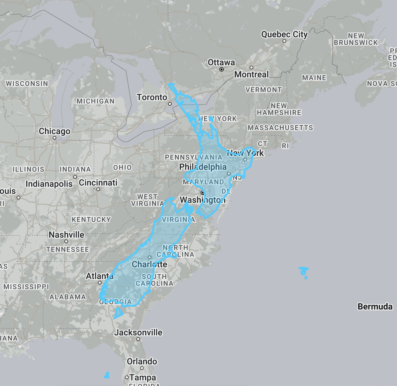 the outline of New Zealand photoshopped on top of the US east coast states, going into Canada