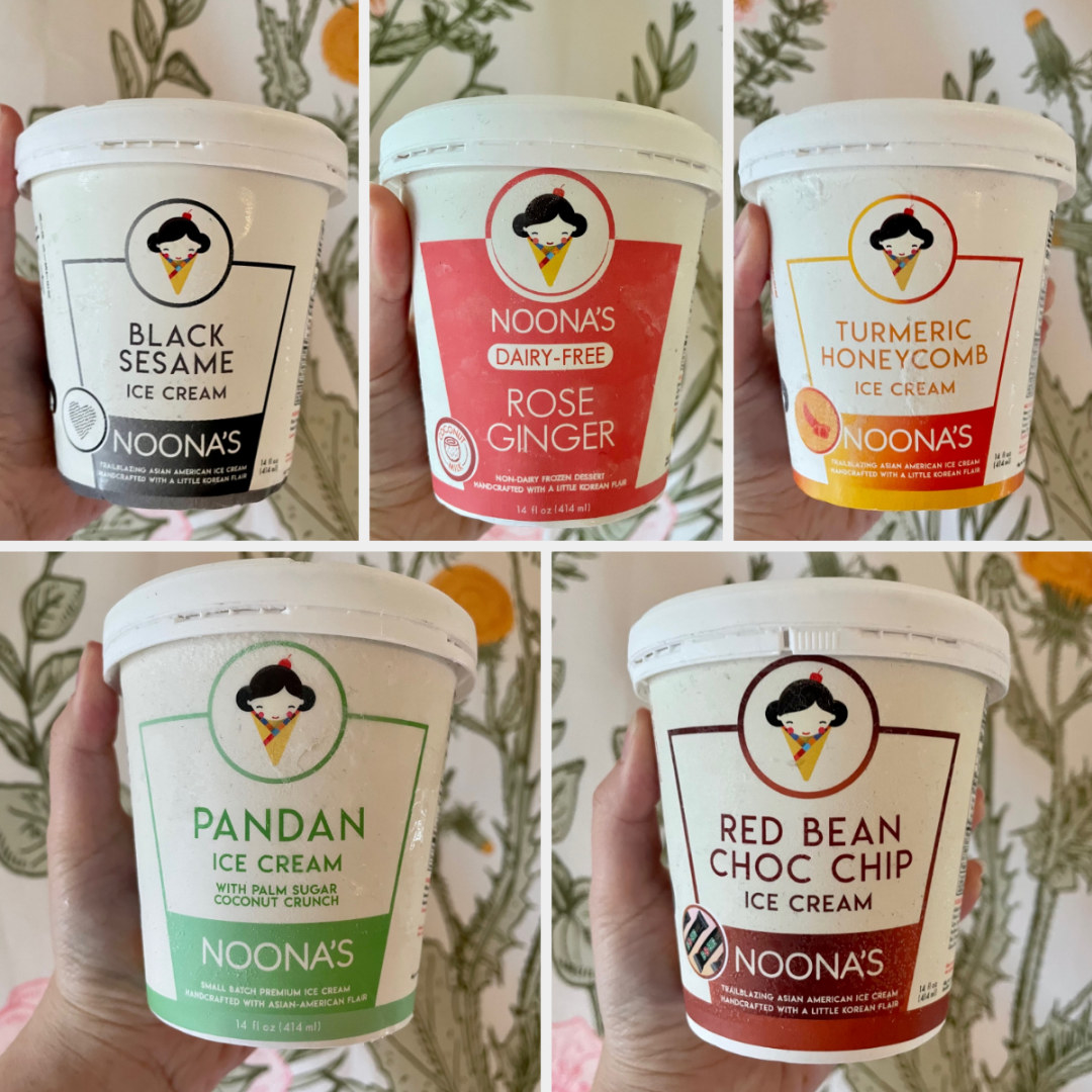 Picture collage of five different ice cream flavors: Black Sesame, Pandan, Red Bean Choc Chip, Rose Ginger, and Turmeric Honeycomb