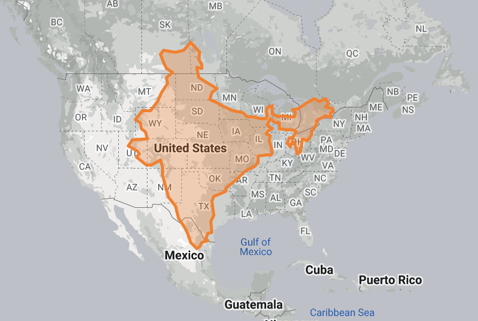 an outline of India on top of the map of united states
