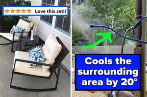 L: a reviewer photo of two rocking chairs and a side table on a porch and a snapshot of a five-star review titled "love this. set!!!", R: a reviewer photo of a mister hose wrapped around a pole and text reading "Cools the surrounding area by 20°"
