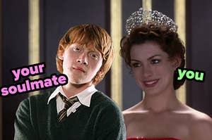 a single image of ron weasley next to princess mia from princess diaries. both faces relaxed, he wears a sweater over a button down shirt and she wears a tiara and a strapless dress