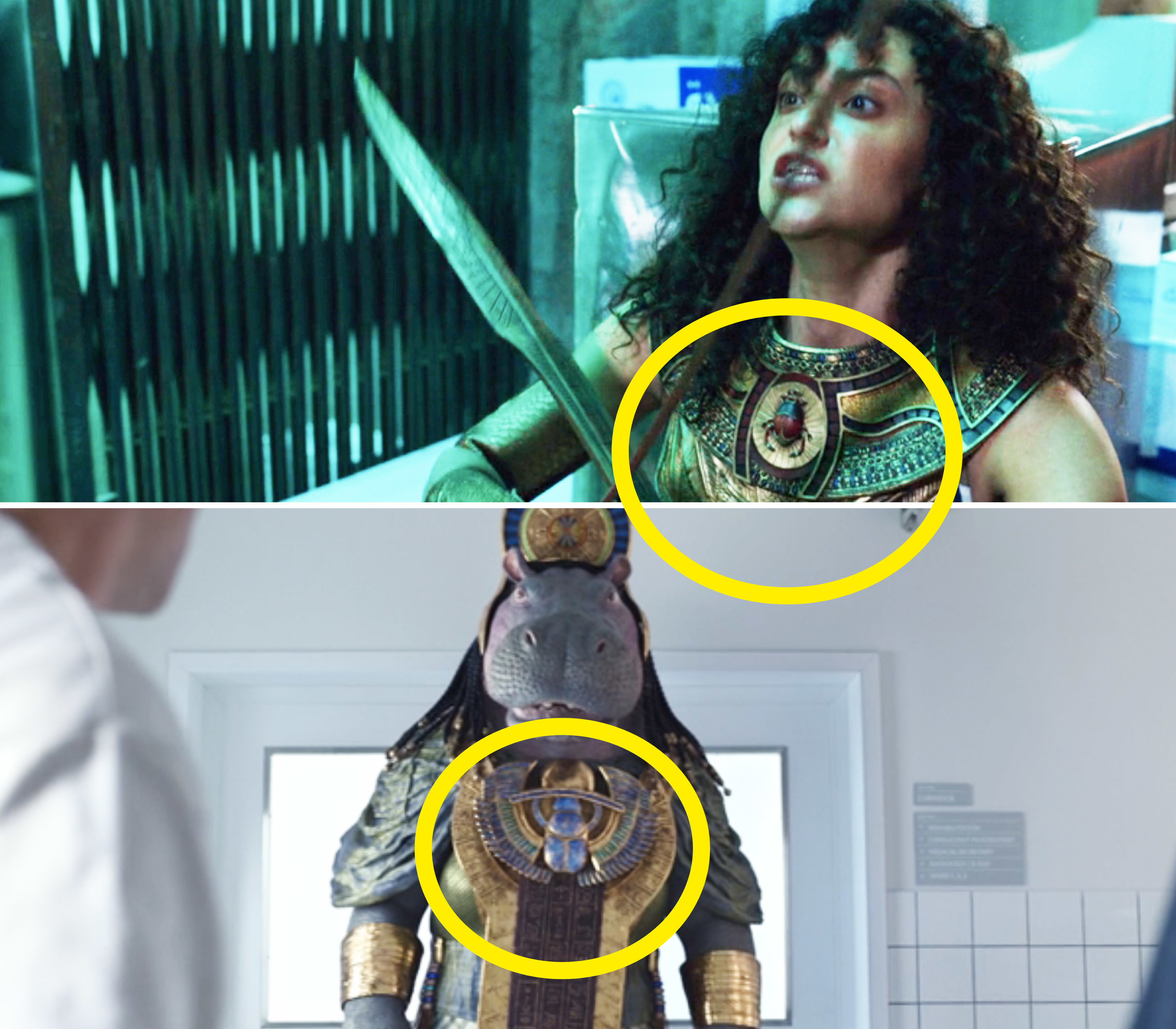 A similar scarab design circled in the outfits of Layla and Taweret