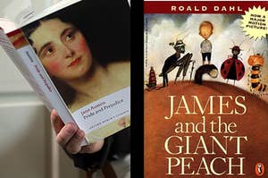 "Pride and Prejudice" is on the left with "James and the Giant Peach" cover on the right