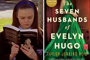 Rory Gilmore sits on a bench reading a book and the cover of the book titled "The Seven Husbands or Evelyn Hugo"
