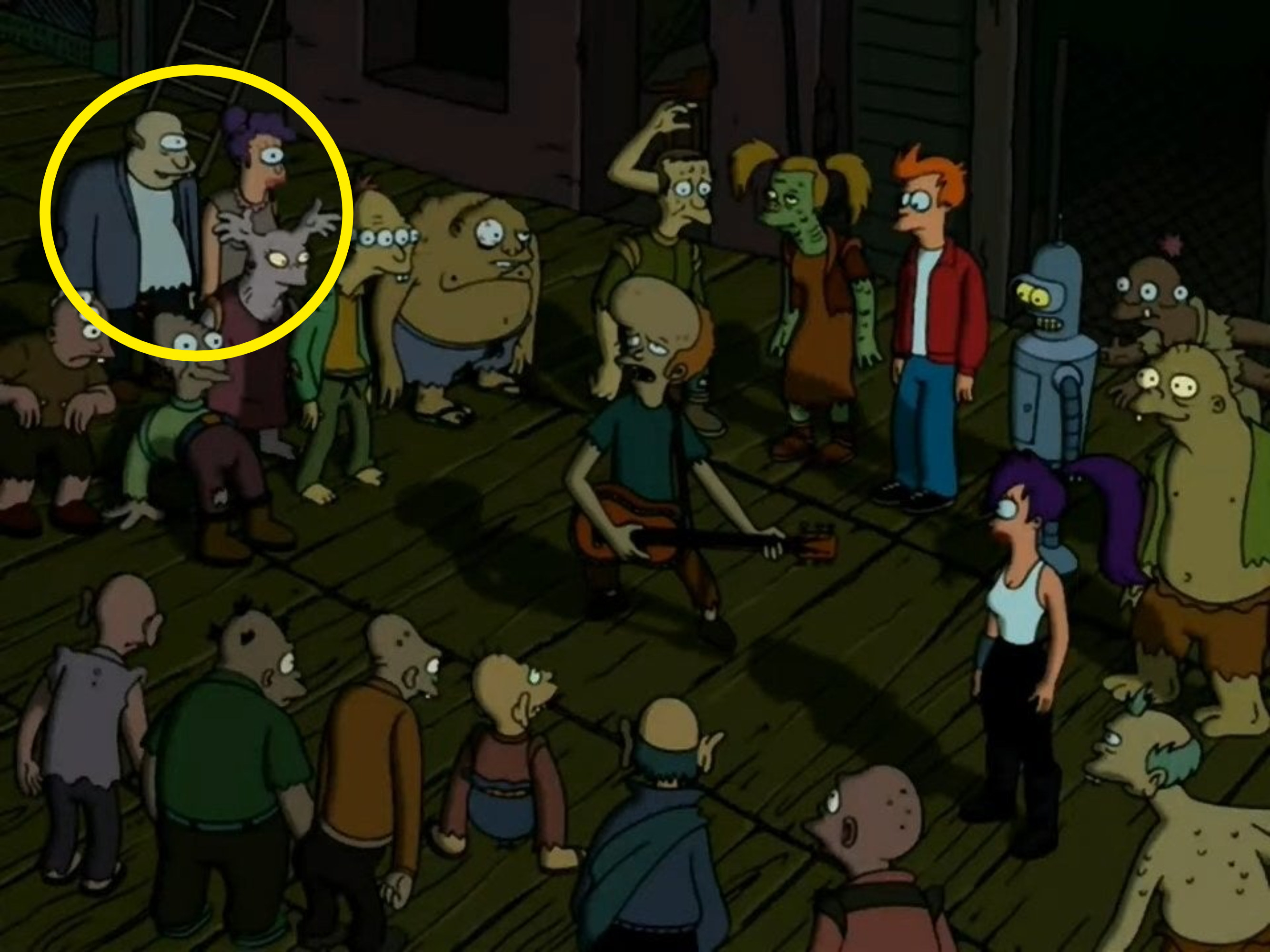 Fry, Leela, and Bender standing with a crowd of sewer mutants around a mutant guitarist in &quot;Futurama&quot;