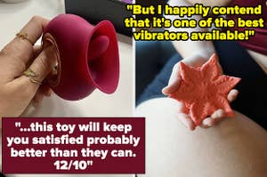 Reviewer holding red clitoral vibrator with tongue and model holding star-shaped vibrator
