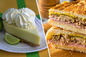 On the left is a slice of key lime pie and on the right is two halves of a Cubano