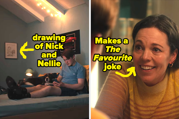 "Drawing of Nick and Nellie" and Olivia Colman with text, "makes a The Favourite joke"