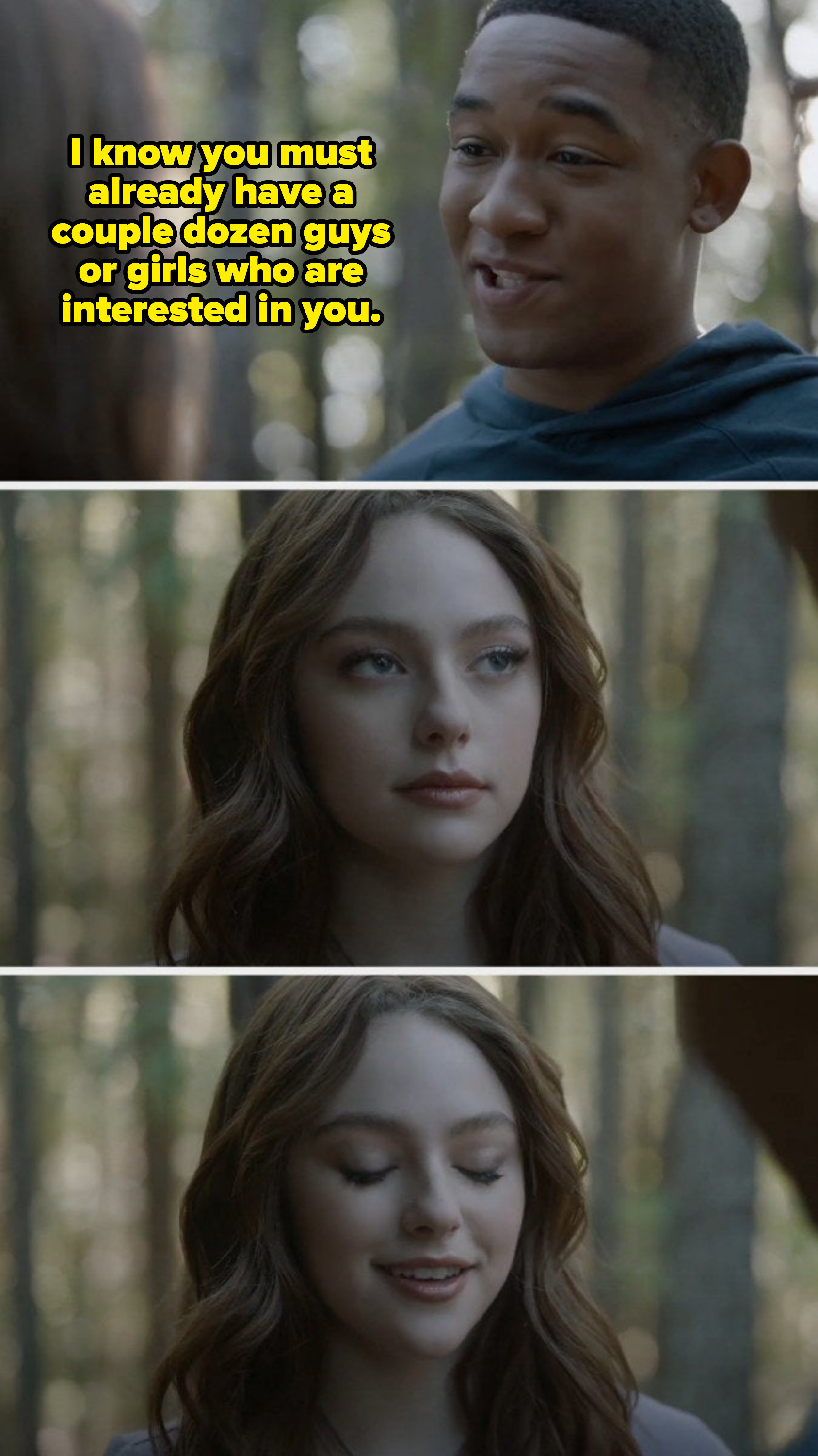 Hope from &quot;Legacies&quot; with caption, &quot;I know you must already have a couple dozen guys or girls that are interested in you&quot;