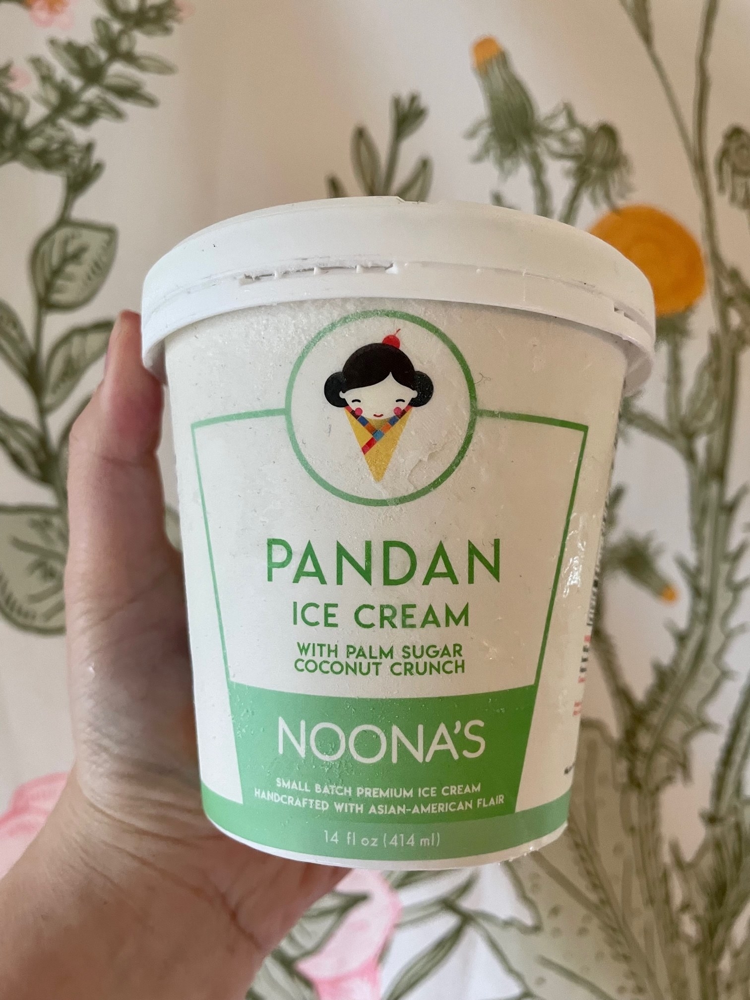 Writer holding up a carton of pandan ice cream with palm sugar coconut crunch